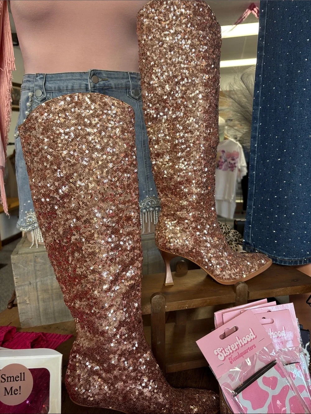 Sequin Over-the-Knee Boots in Rose Gold